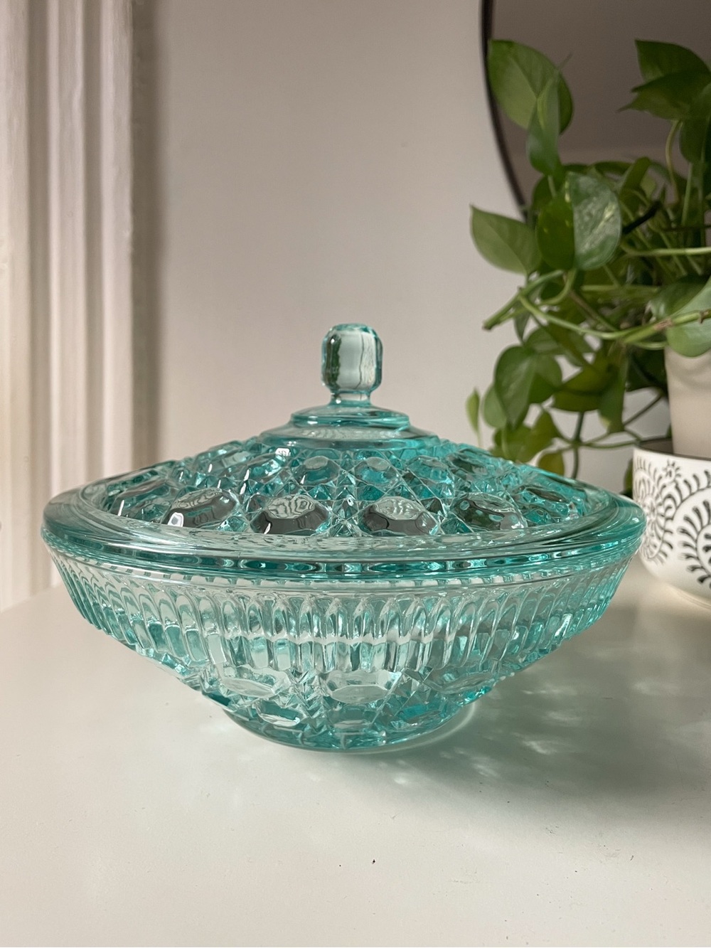 Vintage Indiana Glass Aqua Windsor Button and Cane Covered/Lidded Candy Dish